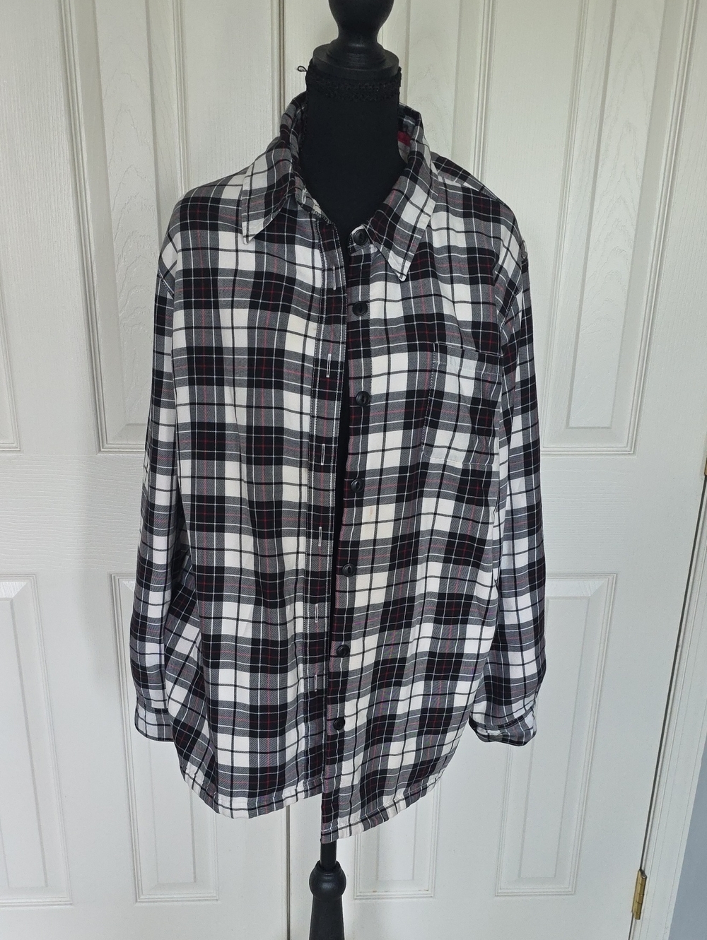 L.L. Bean Black, White & Dark Red Plaid Button-Down Shacket